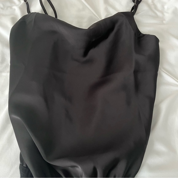 Saslax Satin Drape Cowl Neck Sleeveless Spaghetti Strap Cami Bodysuit Black XS - Picture 3 of 5